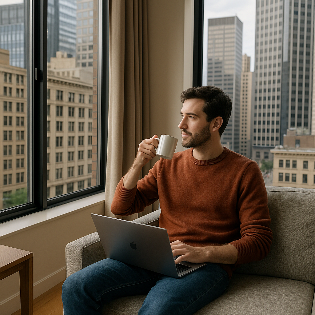Homem sentado em um sofá em um apartamento moderno no centro de uma grande cidade, segurando uma caneca de café e usando um notebook no colo. Eles está em um apartamento airbnb com boa localização.