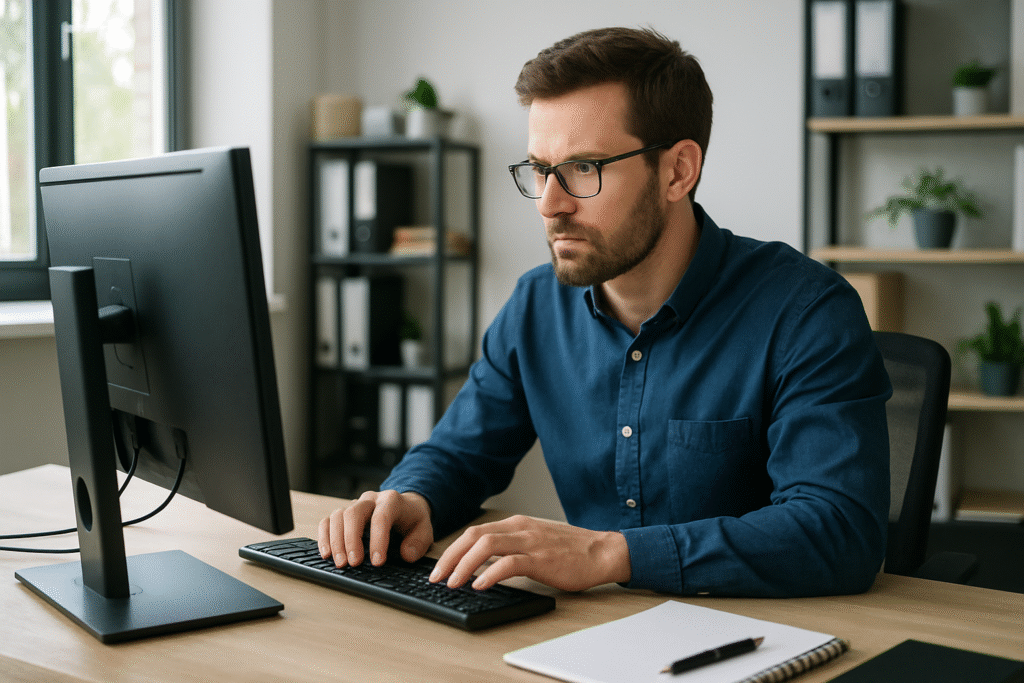 Homem sentado em um computador tentando entender qual valor de diária ele deve por no seu Airbnb.
